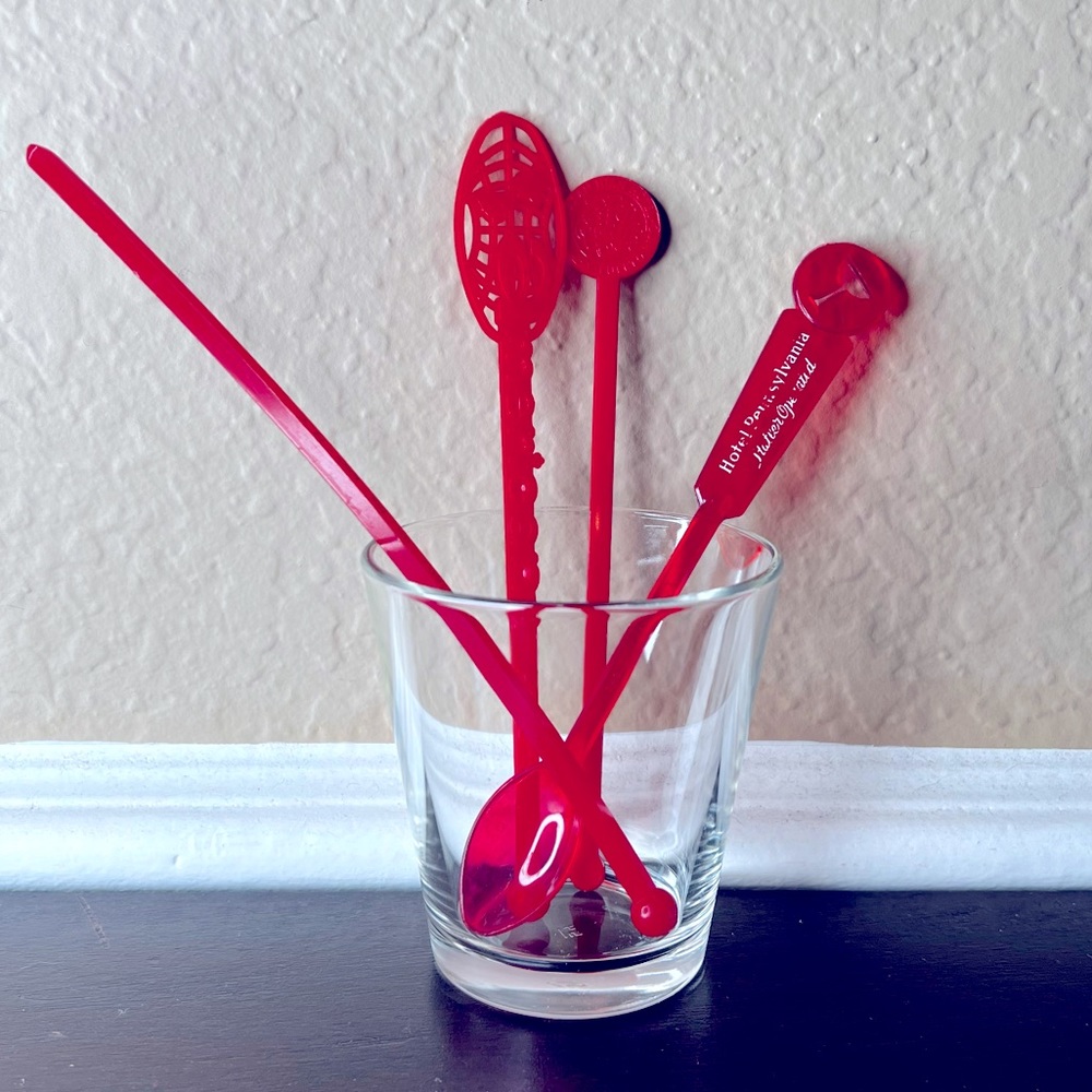 Vintage MCM Red Swizzle Sticks (4), Hotel Pennsylvania, St. Moritz on the park N